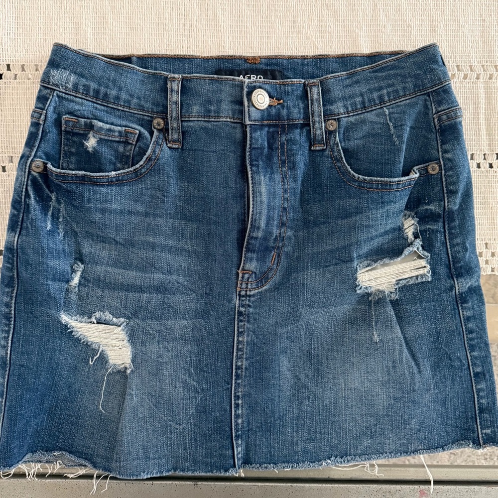 Aeropostale Ripped Denim Mini Skirt - Dark Blue